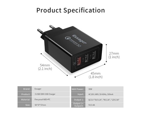 Зарядное устройство Essager ECTQC3-FBB01, изображение 2 Зарядное устройство Essager ECTQC3-FBB01, изображение 2