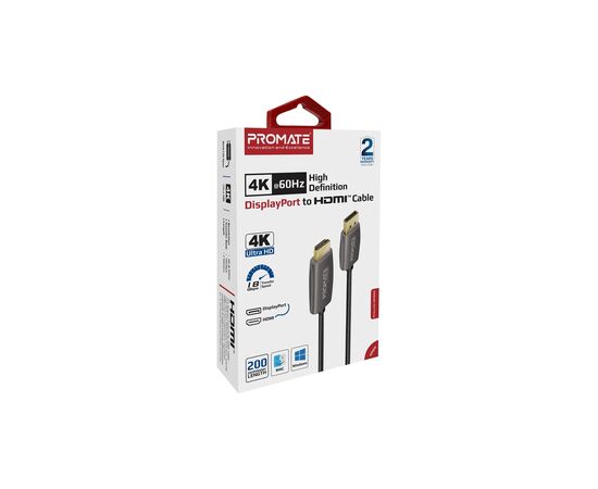 Кабель мультимедийный DisplayPort to HDMI prolink-dp200.black Promate (prolink-dp200.black), изображение 2 Кабель мультимедийный DisplayPort to HDMI prolink-dp200.black Promate (prolink-dp200.black), изображение 2