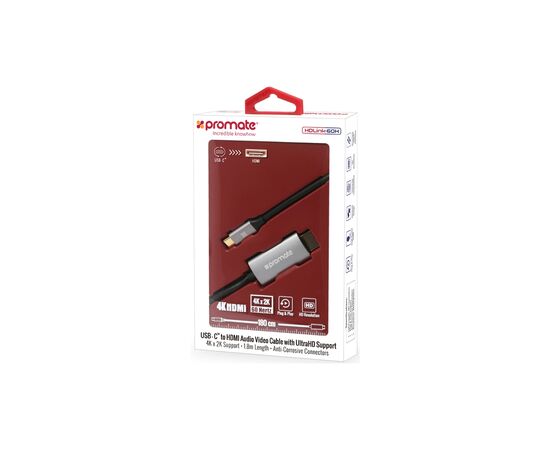 Кабель мультимедийный USB-C to HDMI hdlink-60h.grey Promate (hdlink-60h.grey), изображение 2 Кабель мультимедийный USB-C to HDMI hdlink-60h.grey Promate (hdlink-60h.grey), изображение 2