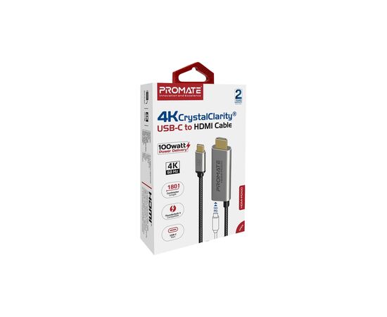 Кабель мультимедийный USB-C to HDMI hdmi-pd100.grey Promate (hdmi-pd100.grey), изображение 2 Кабель мультимедийный USB-C to HDMI hdmi-pd100.grey Promate (hdmi-pd100.grey), изображение 2