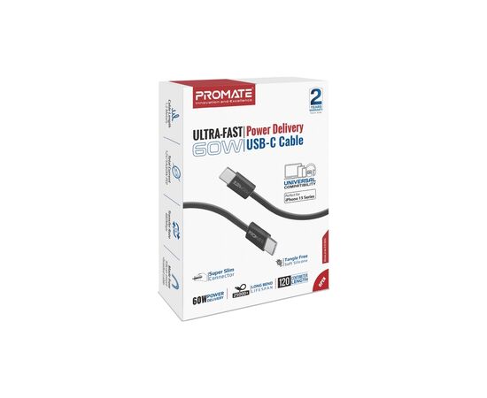 Дата кабель USB-C to USB-C ecoline-cc120.black Promate (ecoline-cc120.black), изображение 2 Дата кабель USB-C to USB-C ecoline-cc120.black Promate (ecoline-cc120.black), изображение 2