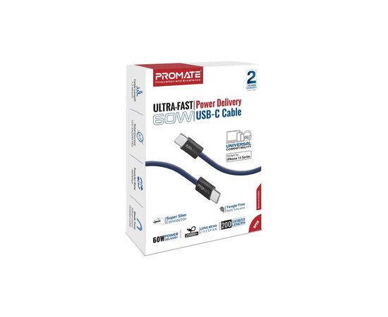Дата кабель USB-C to USB-C ecoline-cc200.navy Promate (ecoline-cc200.navy), изображение 2 Дата кабель USB-C to USB-C ecoline-cc200.navy Promate (ecoline-cc200.navy), изображение 2