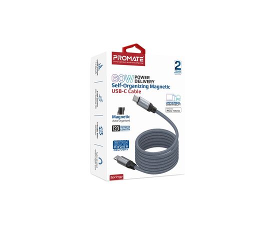 Дата кабель USB-C to USB-C springy.grey Promate (springy.grey), изображение 2 Дата кабель USB-C to USB-C springy.grey Promate (springy.grey), изображение 2