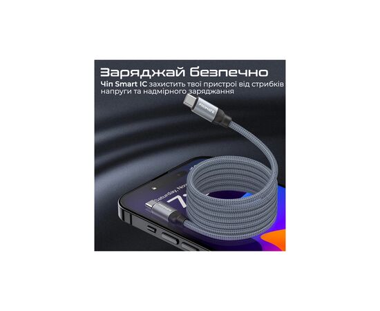 Дата кабель USB-C to USB-C springy.grey Promate (springy.grey), изображение 7 Дата кабель USB-C to USB-C springy.grey Promate (springy.grey), изображение 7