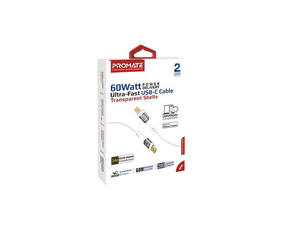 Дата кабель USB-C to USB-C transline-cc200.white Promate (transline-cc200.white), изображение 2 Дата кабель USB-C to USB-C transline-cc200.white Promate (transline-cc200.white), изображение 2