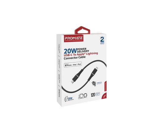 Дата кабель USB-C to Lightning powerline-ci120.black Promate (powerline-ci120.black), изображение 2 Дата кабель USB-C to Lightning powerline-ci120.black Promate (powerline-ci120.black), изображение 2
