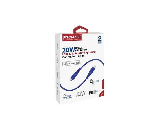 Дата кабель USB-C to Lightning powerline-ci120.blue Promate (powerline-ci120.blue), изображение 2 Дата кабель USB-C to Lightning powerline-ci120.blue Promate (powerline-ci120.blue), изображение 2