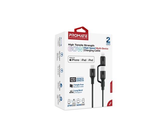 Дата кабель USB-C to USB-C/Lightning powerlink-cci.black Promate (powerlink-cci.black), изображение 2 Дата кабель USB-C to USB-C/Lightning powerlink-cci.black Promate (powerlink-cci.black), изображение 2