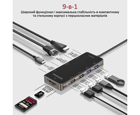 Концентратор Promate USB Hub 9 ports primehub-go.grey (primehub-go.grey), изображение 3 Концентратор Promate USB Hub 9 ports primehub-go.grey (primehub-go.grey), изображение 3