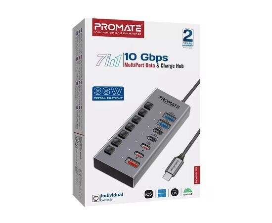 Концентратор Promate USB Hub 7 ports gegahub-10g (gegahub-10g), изображение 2 Концентратор Promate USB Hub 7 ports gegahub-10g (gegahub-10g), изображение 2