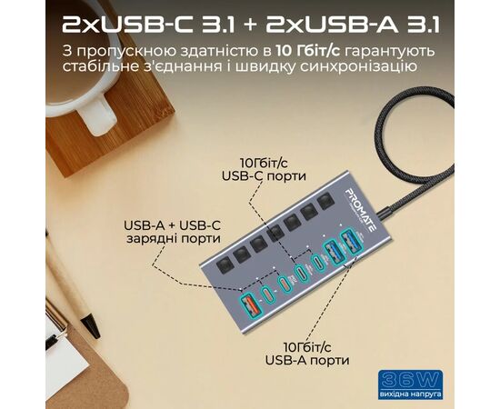 Концентратор Promate USB Hub 7 ports gegahub-10g (gegahub-10g), изображение 3 Концентратор Promate USB Hub 7 ports gegahub-10g (gegahub-10g), изображение 3