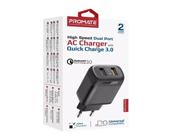 Зарядное устройство Promate biplug-qc3.eu-bk, изображение 2 Зарядное устройство Promate biplug-qc3.eu-bk, изображение 2