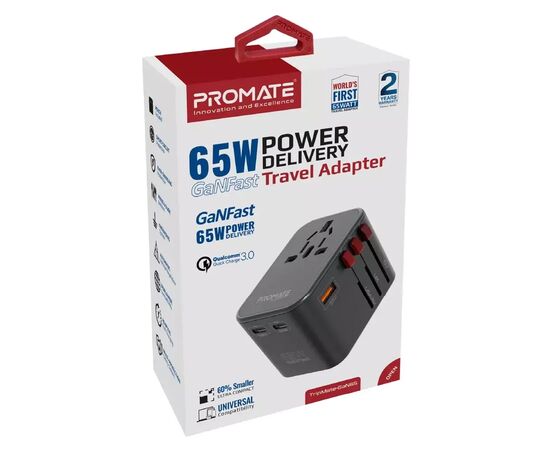 Зарядное устройство Promate tripmate-gan65.black, изображение 2 Зарядное устройство Promate tripmate-gan65.black, изображение 2