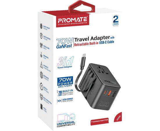 Зарядное устройство Promate tripmate-gan70r, изображение 2 Зарядное устройство Promate tripmate-gan70r, изображение 2