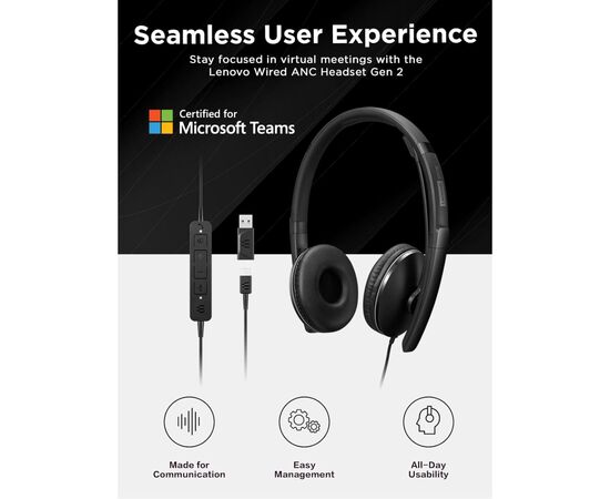Наушники Lenovo Wired ANC Headset Gen 2 (Teams) Black (4XD1M45627), изображение 4 Наушники Lenovo Wired ANC Headset Gen 2 (Teams) Black (4XD1M45627), изображение 4