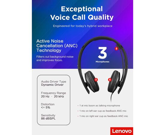 Наушники Lenovo Wired ANC Headset Gen 2 (Teams) Black (4XD1M45627), изображение 5 Наушники Lenovo Wired ANC Headset Gen 2 (Teams) Black (4XD1M45627), изображение 5