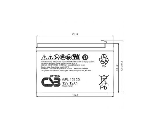 Батарея к ИБП CSB 12В 12 Ач (GPL12120 F2), изображение 2 Батарея к ИБП CSB 12В 12 Ач (GPL12120 F2), изображение 2