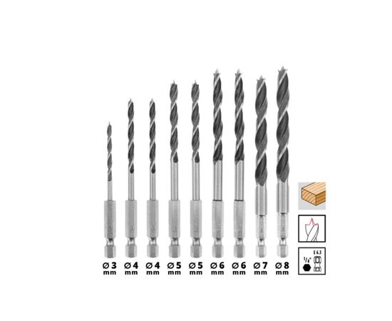 Набір свердл Einhell по дереву 10шт, 3-8мм, кейс (108733), зображення 4 Набір свердл Einhell по дереву 10шт, 3-8мм, кейс (108733), зображення 4
