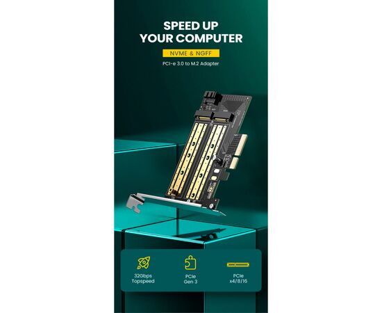 Контролер Ugreen PCI-E 3.0 for SSD M.2 NVMe + M.2 NGFF CM302 (70504), зображення 2 Контролер Ugreen PCI-E 3.0 for SSD M.2 NVMe + M.2 NGFF CM302 (70504), зображення 2
