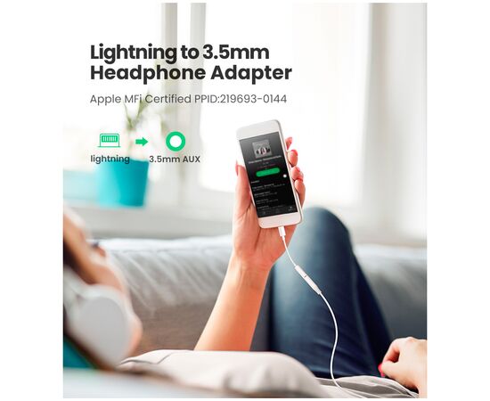 Переходник Lightning to 3.5 mm 0.1m Headphone Jack Adapter Model US212 white Ugreen (30759), изображение 3 Переходник Lightning to 3.5 mm 0.1m Headphone Jack Adapter Model US212 white Ugreen (30759), изображение 3