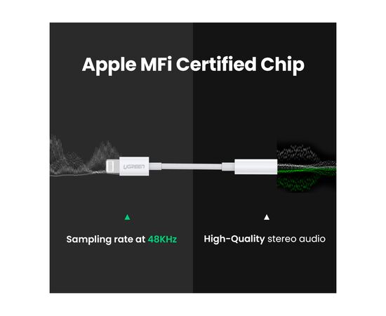 Переходник Lightning to 3.5 mm 0.1m Headphone Jack Adapter Model US212 white Ugreen (30759), изображение 4 Переходник Lightning to 3.5 mm 0.1m Headphone Jack Adapter Model US212 white Ugreen (30759), изображение 4
