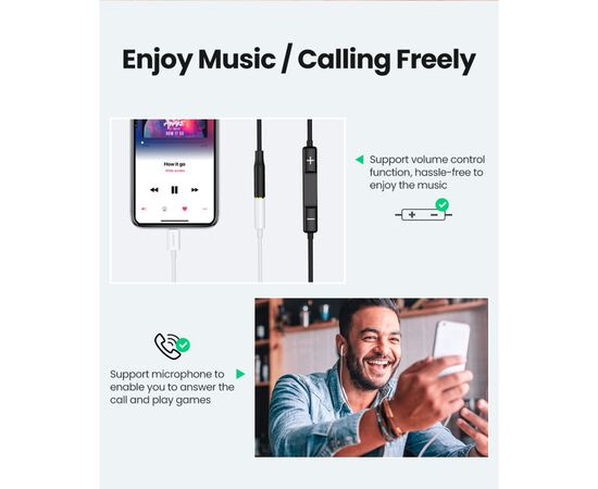 Переходник Lightning to 3.5 mm 0.1m Headphone Jack Adapter Model US212 white Ugreen (30759), изображение 7 Переходник Lightning to 3.5 mm 0.1m Headphone Jack Adapter Model US212 white Ugreen (30759), изображение 7