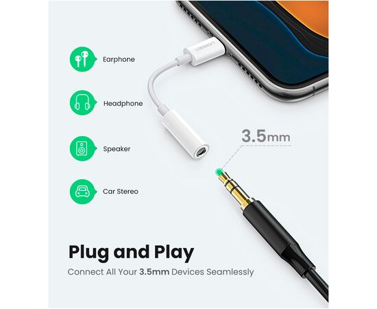 Переходник Lightning to 3.5 mm 0.1m Headphone Jack Adapter Model US212 white Ugreen (30759), изображение 8 Переходник Lightning to 3.5 mm 0.1m Headphone Jack Adapter Model US212 white Ugreen (30759), изображение 8