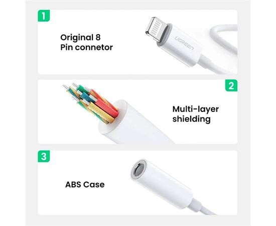 Переходник Lightning to 3.5 mm 0.1m Headphone Jack Adapter Model US212 white Ugreen (30759), изображение 9 Переходник Lightning to 3.5 mm 0.1m Headphone Jack Adapter Model US212 white Ugreen (30759), изображение 9