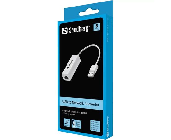 Переходник USB 2.0 Type-A to Ethernet RJ45 100Mb Sandberg (133-78), изображение 2 Переходник USB 2.0 Type-A to Ethernet RJ45 100Mb Sandberg (133-78), изображение 2