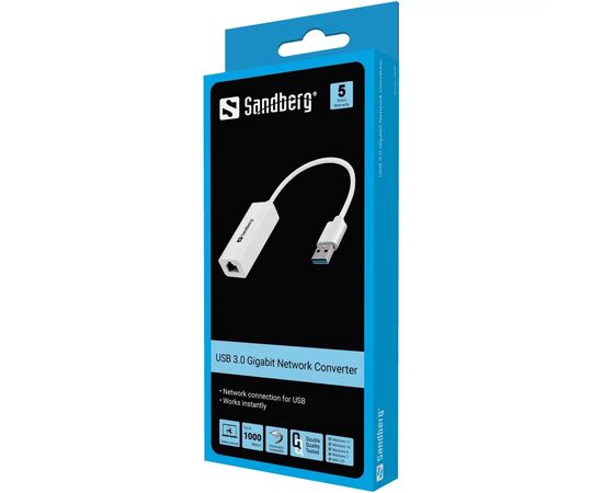 Переходник USB 3.0 Type-A to Ethernet RJ45 1000Mb Sandberg (133-90), изображение 2 Переходник USB 3.0 Type-A to Ethernet RJ45 1000Mb Sandberg (133-90), изображение 2