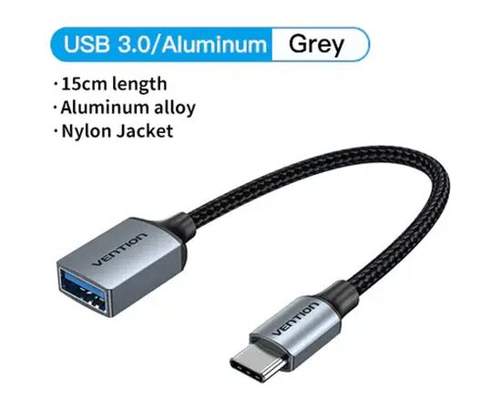 Переходник USB 3.0 Type-C to USB AF (OTG) 0.15m Aluminum Alloy Vention (CCXHB), изображение 2 Переходник USB 3.0 Type-C to USB AF (OTG) 0.15m Aluminum Alloy Vention (CCXHB), изображение 2