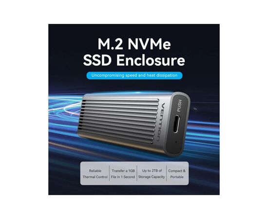 Карман внешний Vention SSD M.2 (NVME) M-key USB Type-C 3.2 10Gbps Heat Sink Aluminum (KPKH0), изображение 2 Карман внешний Vention SSD M.2 (NVME) M-key USB Type-C 3.2 10Gbps Heat Sink Aluminum (KPKH0), изображение 2