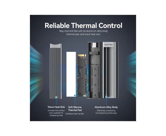 Карман внешний Vention SSD M.2 (NVME) M-key USB Type-C 3.2 10Gbps Heat Sink Aluminum (KPKH0), изображение 3 Карман внешний Vention SSD M.2 (NVME) M-key USB Type-C 3.2 10Gbps Heat Sink Aluminum (KPKH0), изображение 3