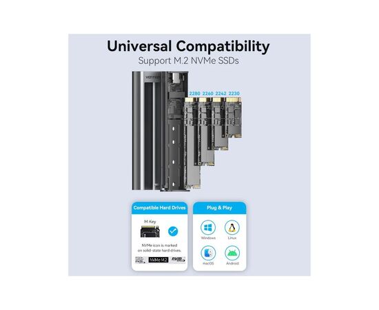 Карман внешний Vention SSD M.2 (NVME) M-key USB Type-C 3.2 10Gbps Heat Sink Aluminum (KPKH0), изображение 6 Карман внешний Vention SSD M.2 (NVME) M-key USB Type-C 3.2 10Gbps Heat Sink Aluminum (KPKH0), изображение 6