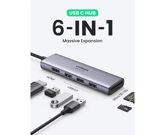 Концентратор Ugreen USB3.1 Type-C to HDMI 4K60Hz/USB 3.0х2/SD/TF/PD 100W 5-in-1 CM511 (60383), изображение 2 Концентратор Ugreen USB3.1 Type-C to HDMI 4K60Hz/USB 3.0х2/SD/TF/PD 100W 5-in-1 CM511 (60383), изображение 2