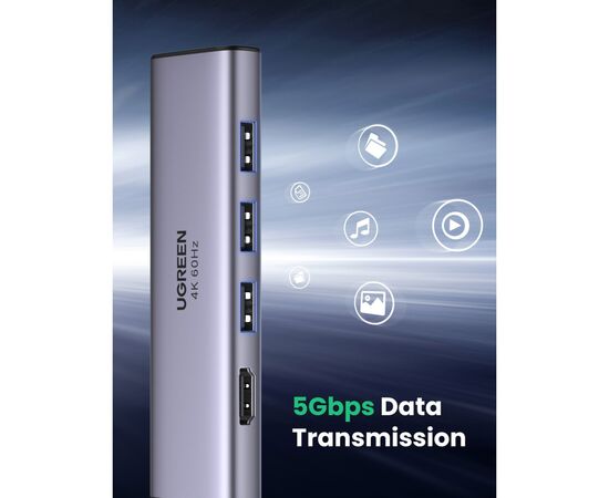 Концентратор Ugreen USB3.1 Type-C to HDMI 4K60Hz/USB 3.0х2/SD/TF/PD 100W 5-in-1 CM511 (60383), изображение 4 Концентратор Ugreen USB3.1 Type-C to HDMI 4K60Hz/USB 3.0х2/SD/TF/PD 100W 5-in-1 CM511 (60383), изображение 4