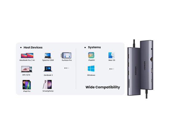 Концентратор Ugreen USB3.1 Type-C to HDMI/VGA/USB 3.0х3/RJ45/SD/TF/PD/35мм TRRS 100W 10-in-1 (15601), изображение 10 Концентратор Ugreen USB3.1 Type-C to HDMI/VGA/USB 3.0х3/RJ45/SD/TF/PD/35мм TRRS 100W 10-in-1 (15601), изображение 10