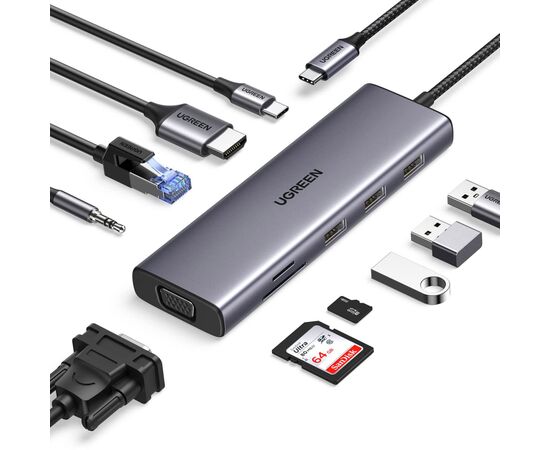 Концентратор Ugreen USB3.1 Type-C to HDMI/VGA/USB 3.0х3/RJ45/SD/TF/PD/35мм TRRS 100W 10-in-1 (15601), изображение 2 Концентратор Ugreen USB3.1 Type-C to HDMI/VGA/USB 3.0х3/RJ45/SD/TF/PD/35мм TRRS 100W 10-in-1 (15601), изображение 2