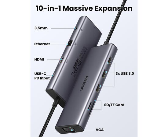 Концентратор Ugreen USB3.1 Type-C to HDMI/VGA/USB 3.0х3/RJ45/SD/TF/PD/35мм TRRS 100W 10-in-1 (15601), изображение 3 Концентратор Ugreen USB3.1 Type-C to HDMI/VGA/USB 3.0х3/RJ45/SD/TF/PD/35мм TRRS 100W 10-in-1 (15601), изображение 3