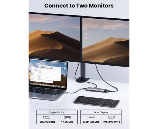 Концентратор Ugreen USB3.1 Type-C to HDMI/VGA/USB 3.0х3/RJ45/SD/TF/PD/35мм TRRS 100W 10-in-1 (15601), изображение 4 Концентратор Ugreen USB3.1 Type-C to HDMI/VGA/USB 3.0х3/RJ45/SD/TF/PD/35мм TRRS 100W 10-in-1 (15601), изображение 4