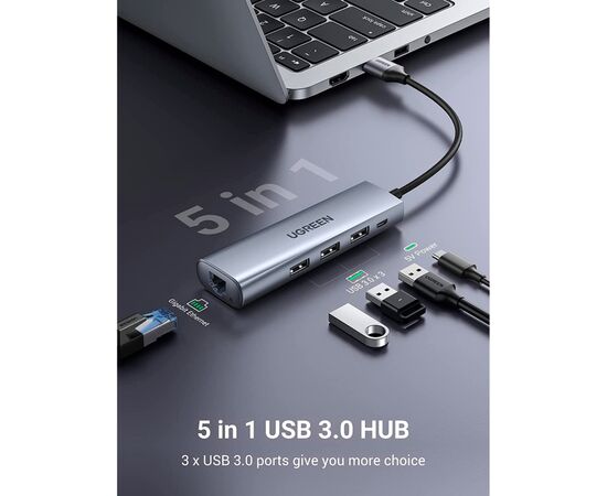 Концентратор Ugreen USB 3.0 to 3xUSB 3.0/RJ45/Micro USB CM266 Gray (60812), изображение 2 Концентратор Ugreen USB 3.0 to 3xUSB 3.0/RJ45/Micro USB CM266 Gray (60812), изображение 2