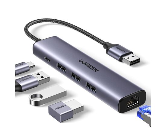 Концентратор Ugreen USB 3.0 to 3хUSB 3.0/Type-C+RJ45(1000M) Ethernet 5in1 CM475 (60554), изображение 2 Концентратор Ugreen USB 3.0 to 3хUSB 3.0/Type-C+RJ45(1000M) Ethernet 5in1 CM475 (60554), изображение 2