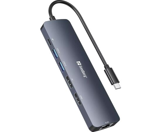 Концентратор Sandberg USB3.1 Type-C to HDMI/USB 3.0x2/RJ45/USB-C/DisplayPort PD 100W Hub 6-in-1 (136-43), изображение 2 Концентратор Sandberg USB3.1 Type-C to HDMI/USB 3.0x2/RJ45/USB-C/DisplayPort PD 100W Hub 6-in-1 (136-43), изображение 2