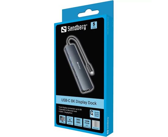 Концентратор Sandberg USB3.1 Type-C to HDMI/USB 3.0x2/RJ45/USB-C/DisplayPort PD 100W Hub 6-in-1 (136-43), изображение 3 Концентратор Sandberg USB3.1 Type-C to HDMI/USB 3.0x2/RJ45/USB-C/DisplayPort PD 100W Hub 6-in-1 (136-43), изображение 3