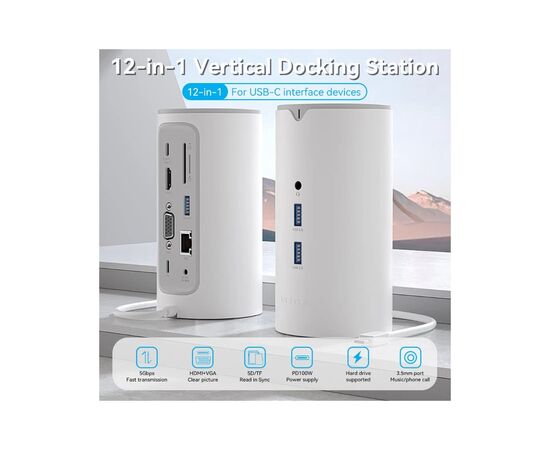 Концентратор Vention USB3.1 Type-C to HDMI/VGA/USB3.0x3/RJ45/SD/TF/TRRS 3.5m/PD/DC100W12-in-1 (TPHWC-EU), изображение 2 Концентратор Vention USB3.1 Type-C to HDMI/VGA/USB3.0x3/RJ45/SD/TF/TRRS 3.5m/PD/DC100W12-in-1 (TPHWC-EU), изображение 2
