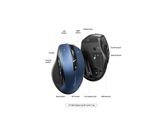 Мышка Ugreen MU006 Ergonomic Wireless Blue (15064), изображение 2 Мышка Ugreen MU006 Ergonomic Wireless Blue (15064), изображение 2