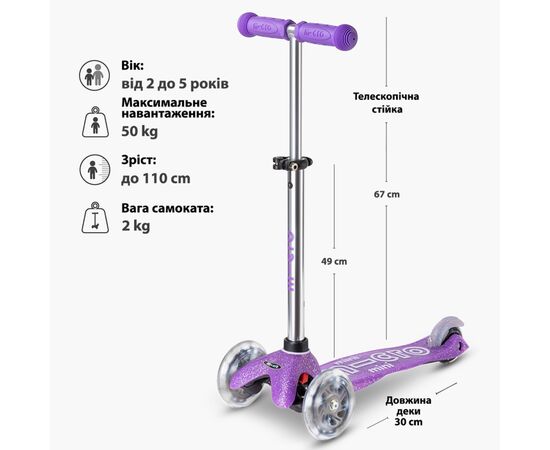 Самокат Micro Mini Deluxe Fairy Glitter LED Пурпуровий (MMD207), зображення 8 Самокат Micro Mini Deluxe Fairy Glitter LED Пурпуровий (MMD207), зображення 8