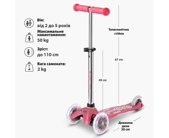 Самокат Micro Mini Deluxe Fairy Glitter LED Рожевий (MMD208), зображення 8 Самокат Micro Mini Deluxe Fairy Glitter LED Рожевий (MMD208), зображення 8