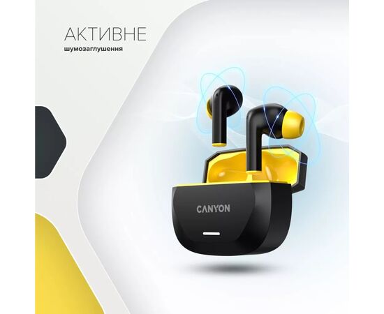 Наушники Canyon Hexagon 7 TWS ANC+ENC Wireless Charge Black/Yellow (CNS-TWS7BY), изображение 4 Наушники Canyon Hexagon 7 TWS ANC+ENC Wireless Charge Black/Yellow (CNS-TWS7BY), изображение 4