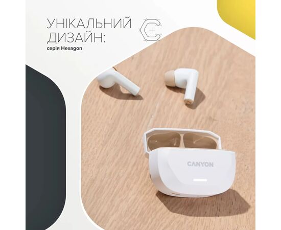 Наушники Canyon Hexagon 7 TWS ANC+ENC Wireless Charge White/Beige (CNS-TWS7WB), изображение 4 Наушники Canyon Hexagon 7 TWS ANC+ENC Wireless Charge White/Beige (CNS-TWS7WB), изображение 4